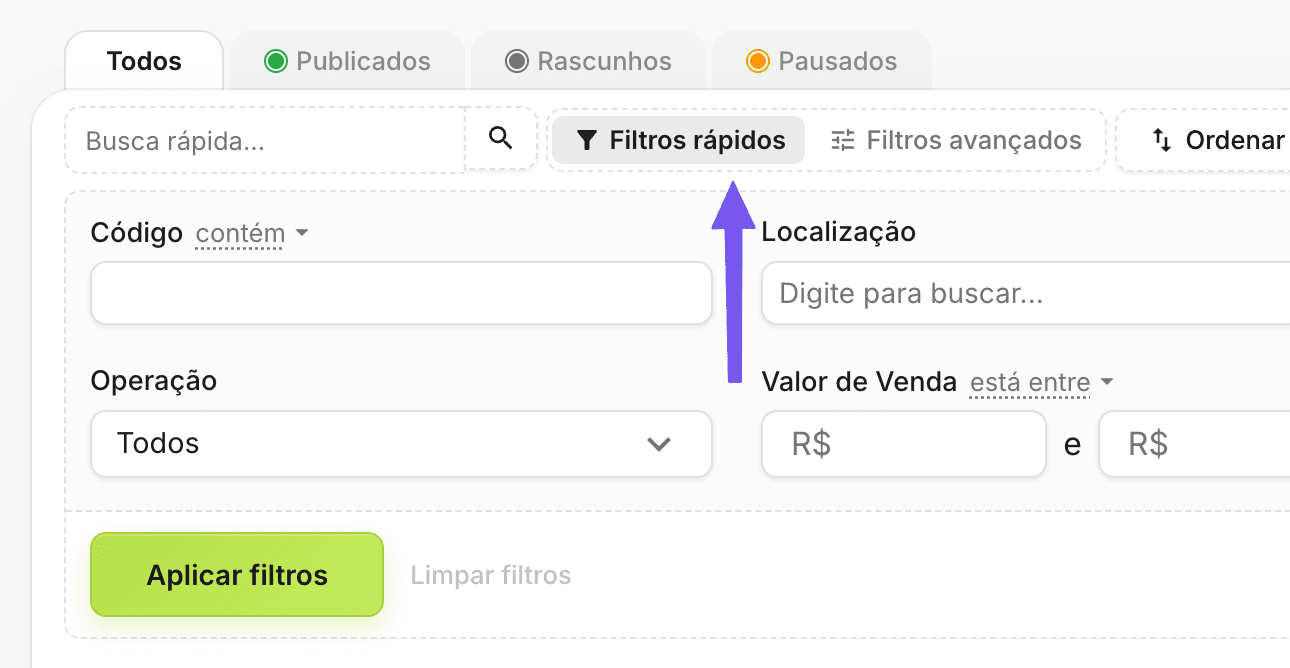 Filtros rápidos e avançados no painel
