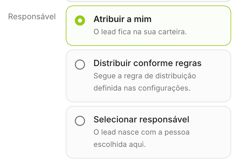 Cadastro manual de lead: distribua pela regra ou escolha o responsável