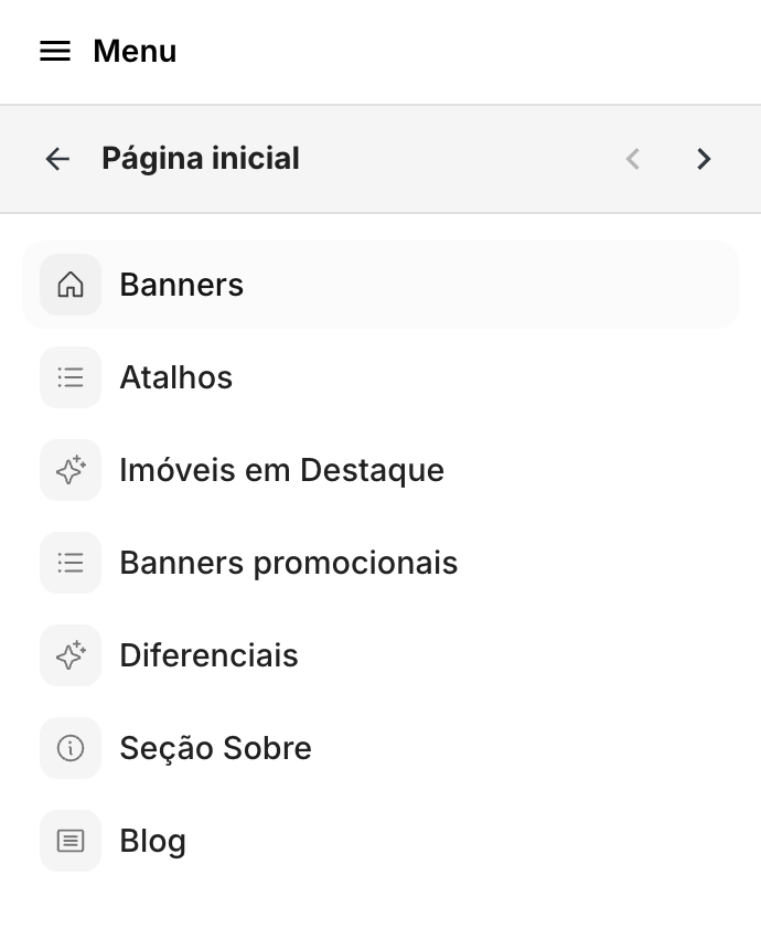 Editor de interface mostrando as seções editáveis da página inicial: Banners, Atalhos, Imóveis em Destaque, Banners promocionais, Diferenciais, Seção Sobre e Blog