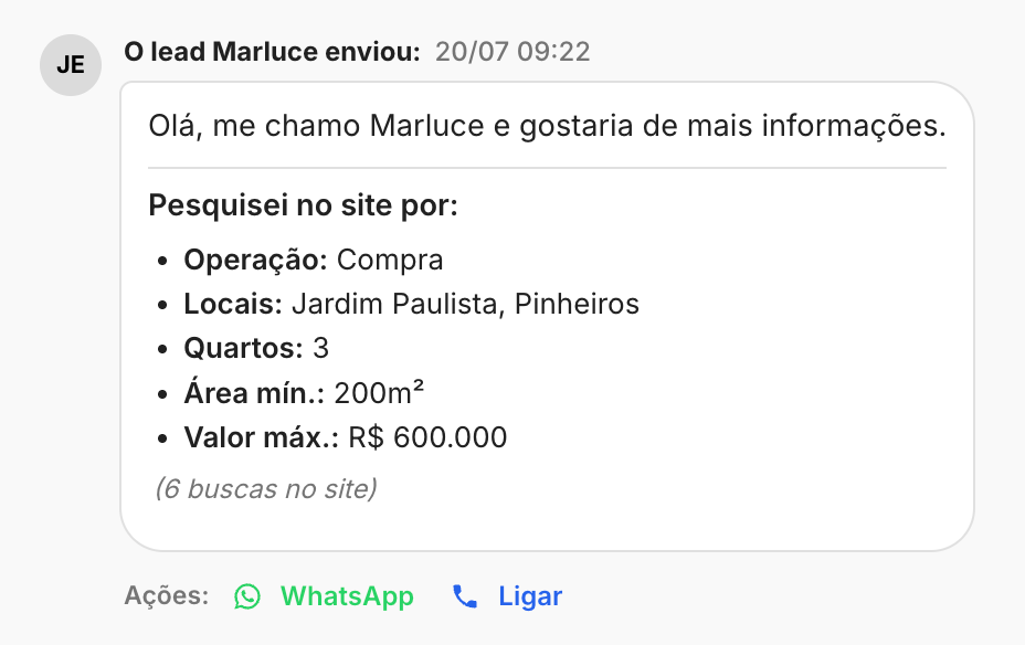 Contato do lead Marluce com o resumo da pesquisa no site: operação Compra, locais Jardim Paulista e Pinheiros, 3 quartos, área mínima 200m², valor máximo R$ 600.000, em 6 buscas, com botões de WhatsApp e Ligar