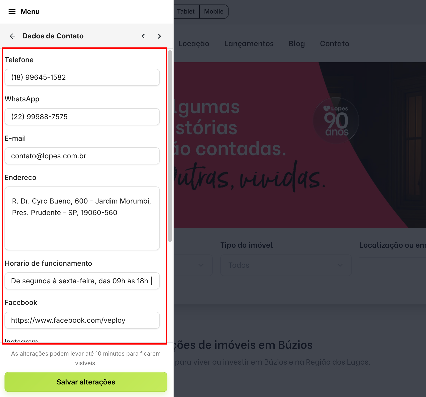 Tela de "Dados de Contato" com os campos preenchidos