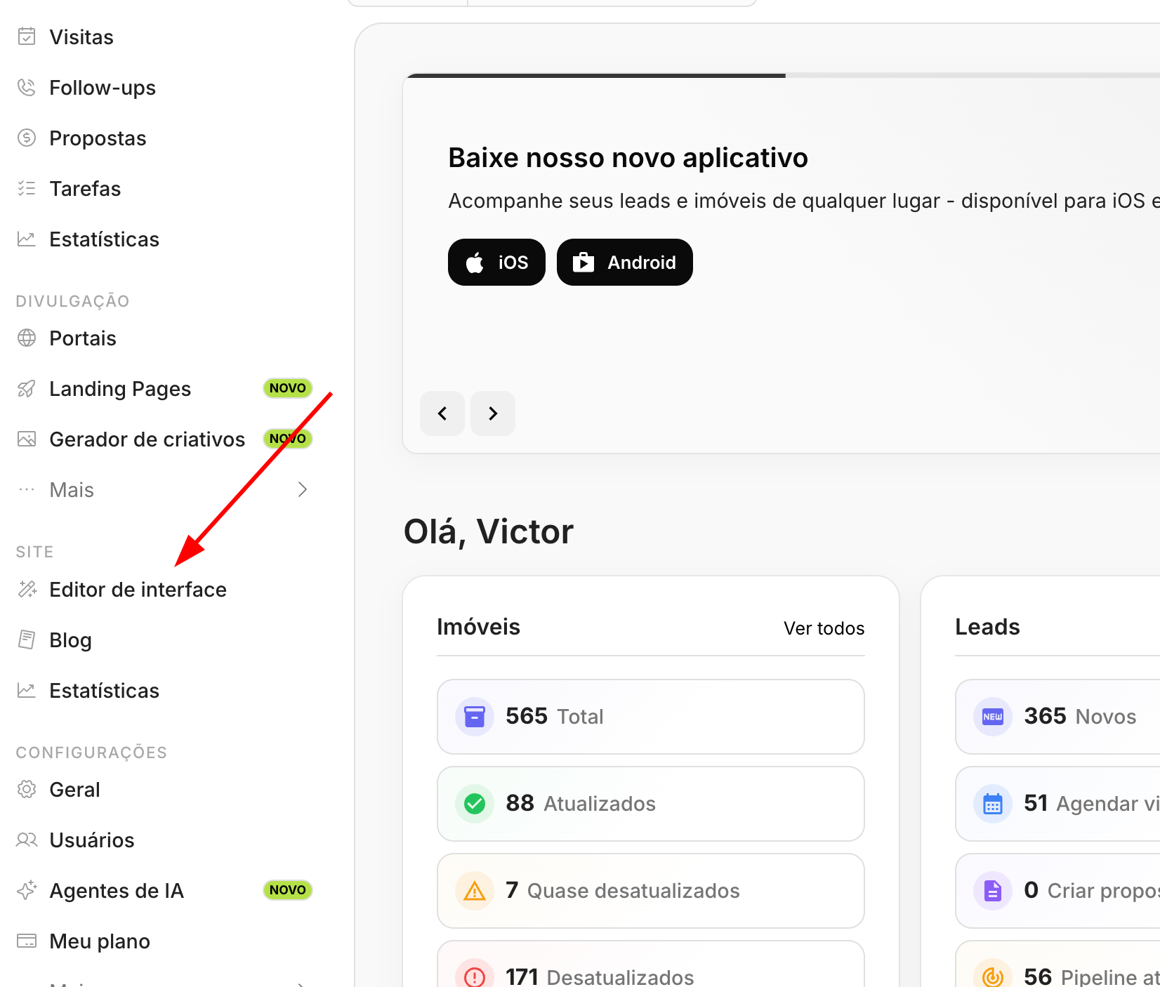 Menu lateral com a seção "Site" e a opção "Editor de interface" em destaque