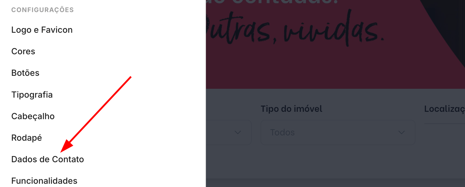 Menu do Editor de Interface com a opção "Dados de Contato" em destaque dentro da seção "Configurações"
