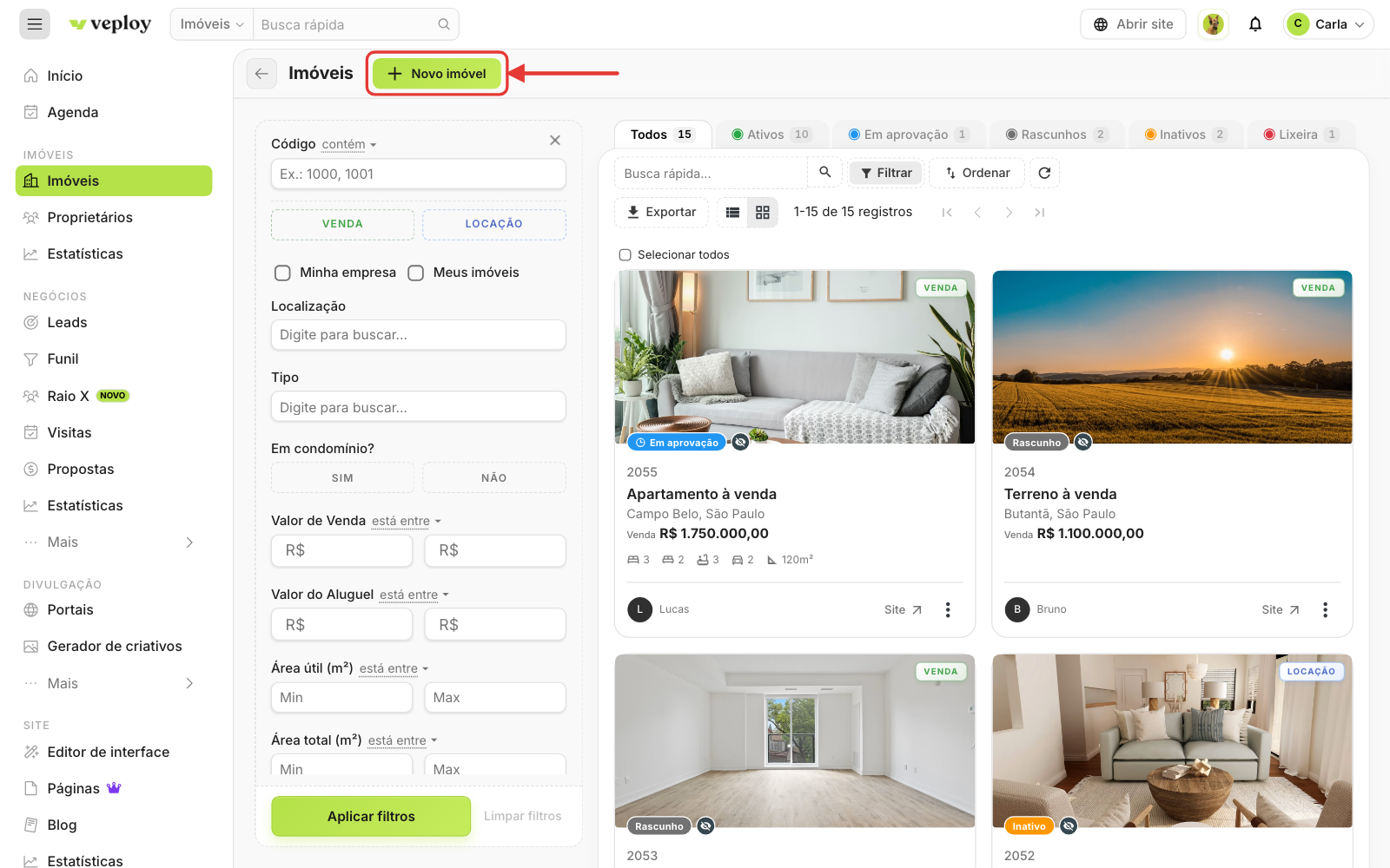 Listagem de imóveis com o botão "Novo imóvel"