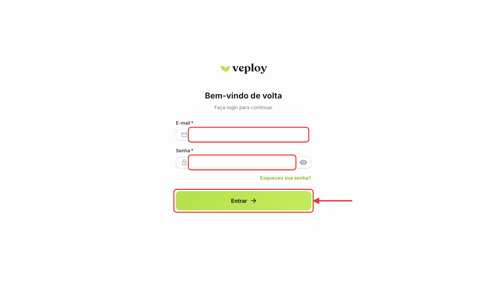 Tela de login do painel da Veploy