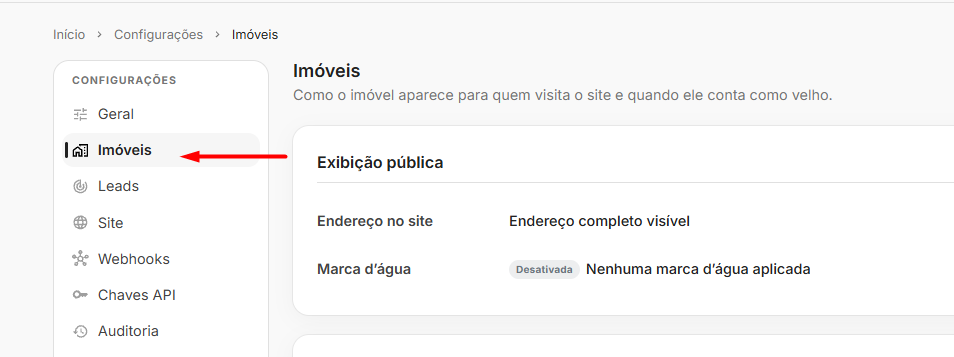 Acesse as tags: opção Imóveis nas configurações