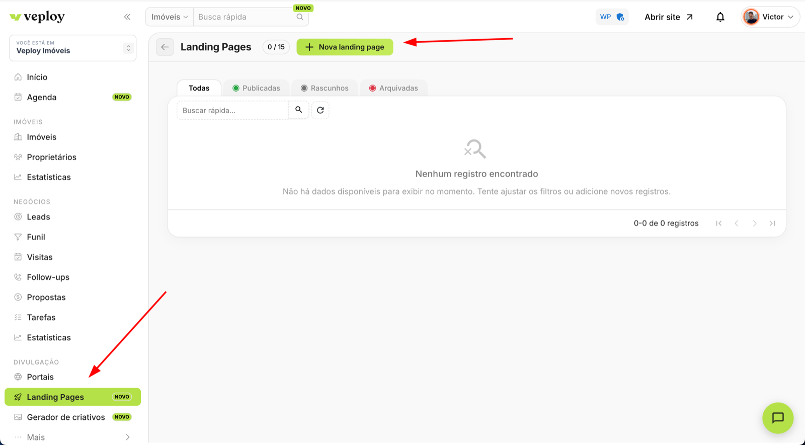 Menu lateral esquerdo com destaque em "Landing page > Nova landing page"