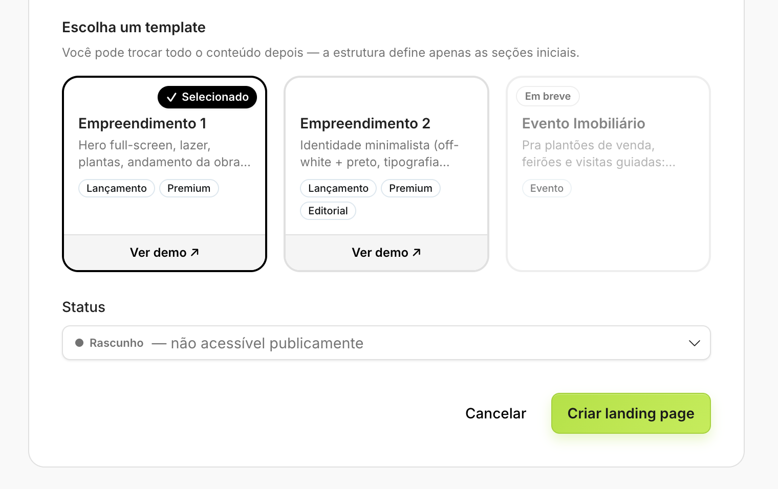 Seção de seleção de template e status, com destaque no botão "Criar landing page"