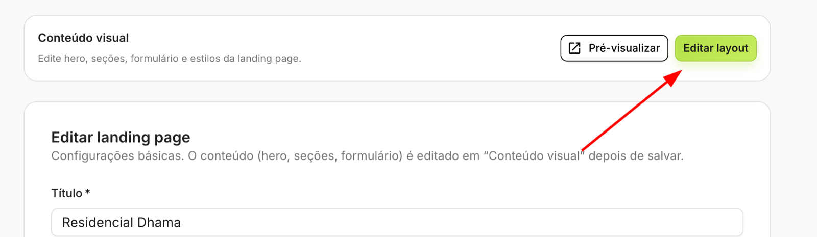 Tela após a criação da landing page, com destaque no botão "Editar layout"