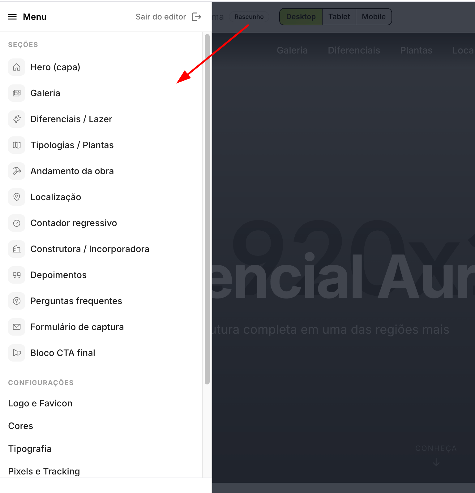 Editor de layout com uma seção aberta para edição e a opção "Mostrar esta seção" em destaque