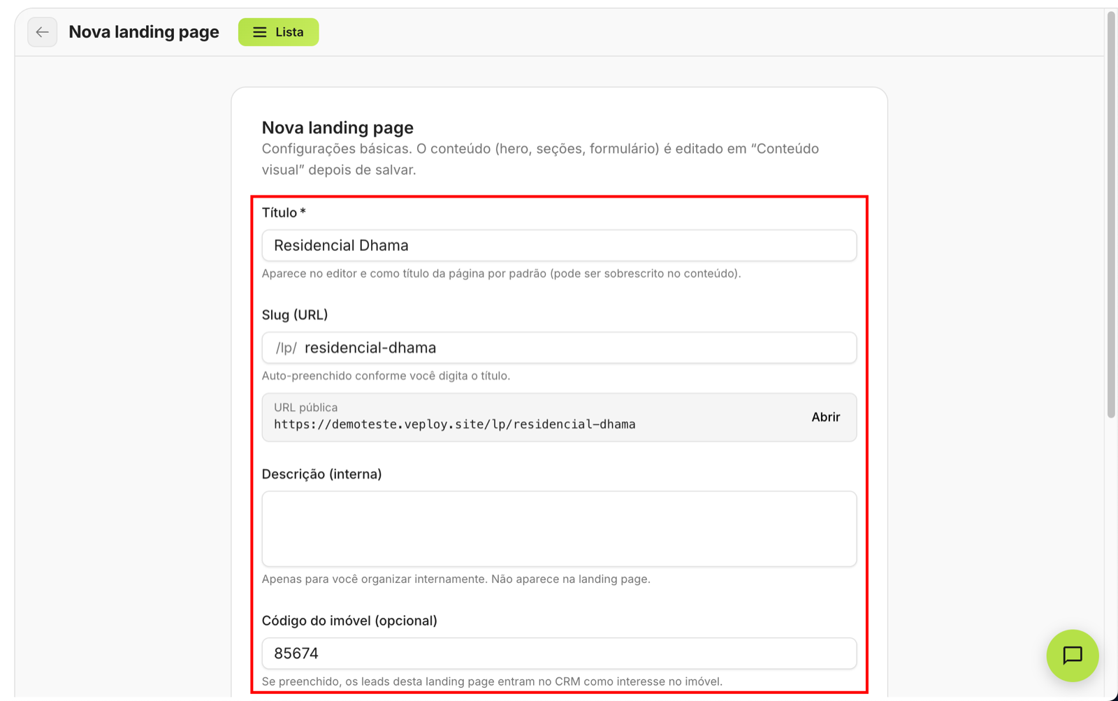 Formulário de criação de landing page com os campos de título, descrição e código do imóvel