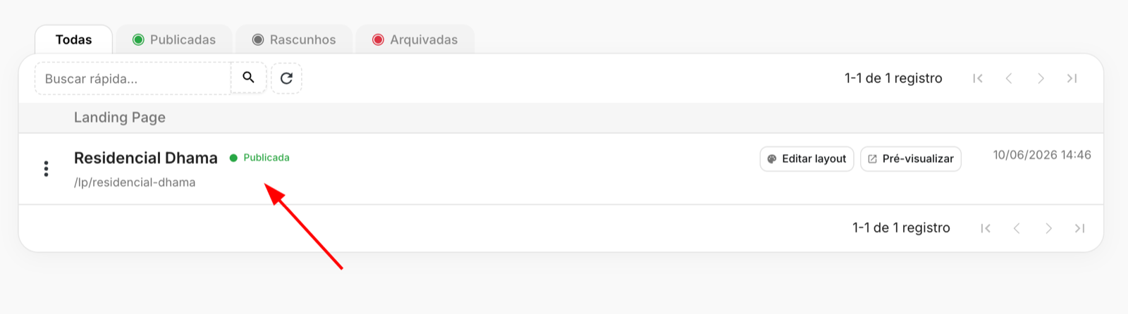 Visão geral da landing page publicada, com destaque no status "Publicada"
