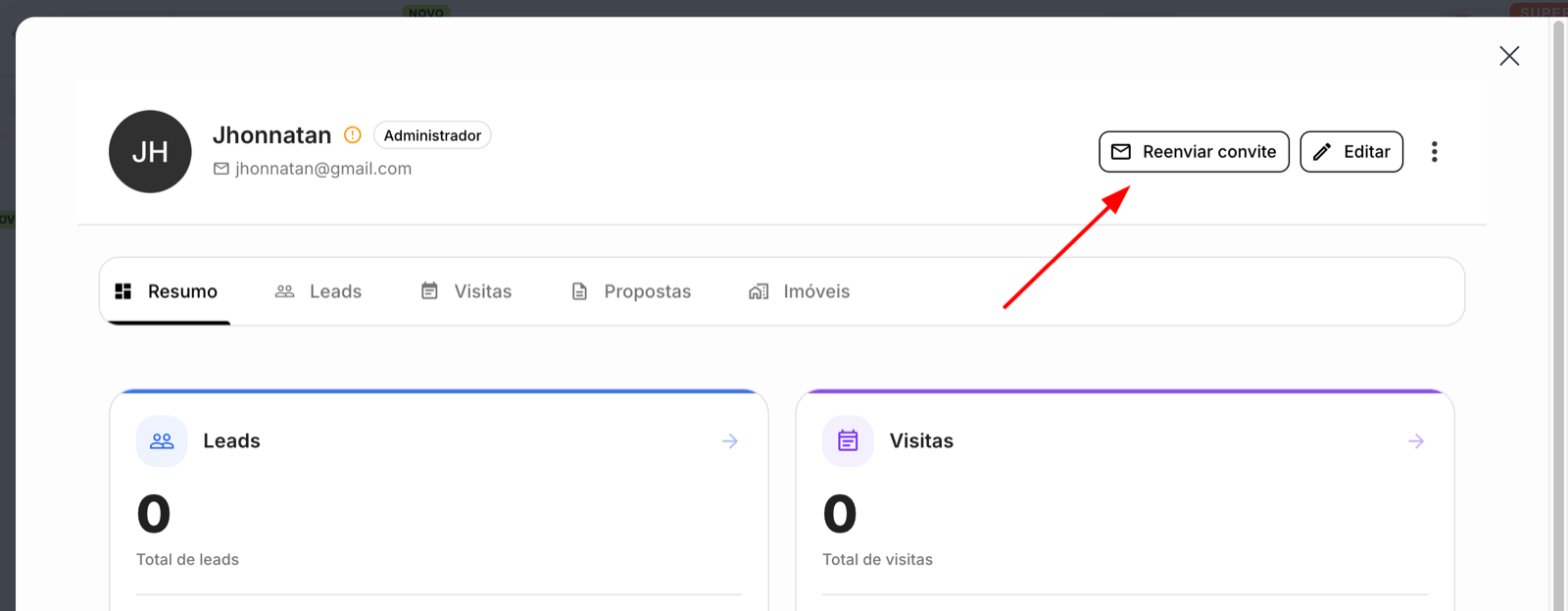 Tela do usuário com destaque na opção "Reenviar convite"