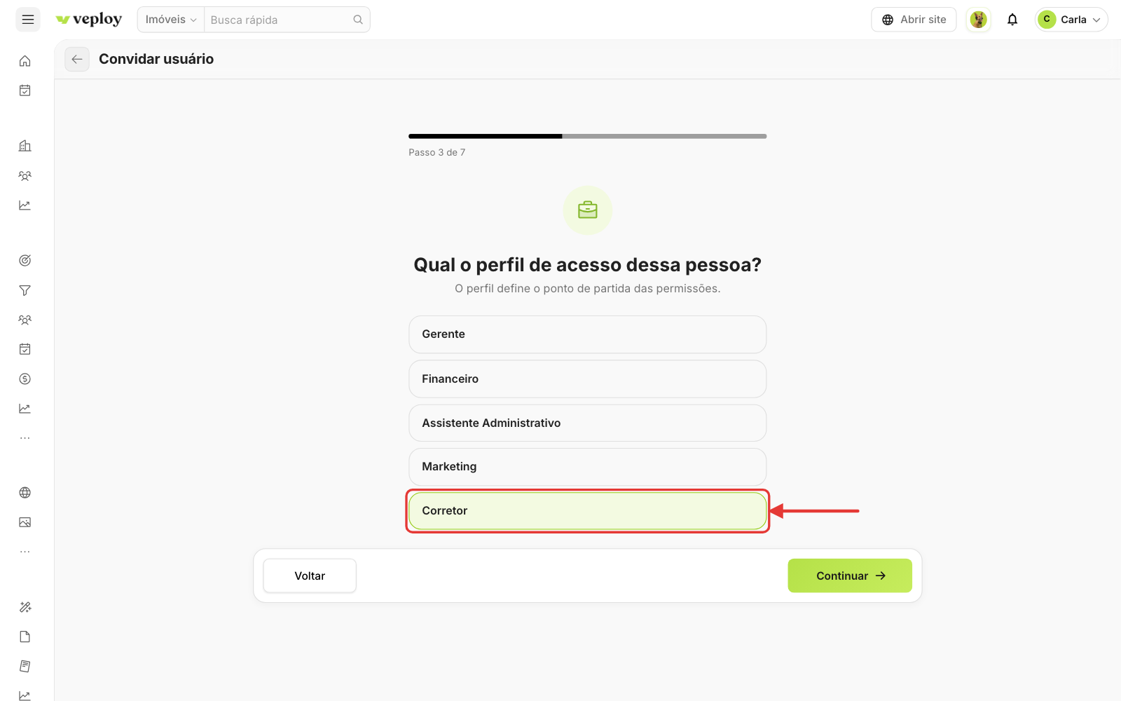 Passo 3: perfil de acesso