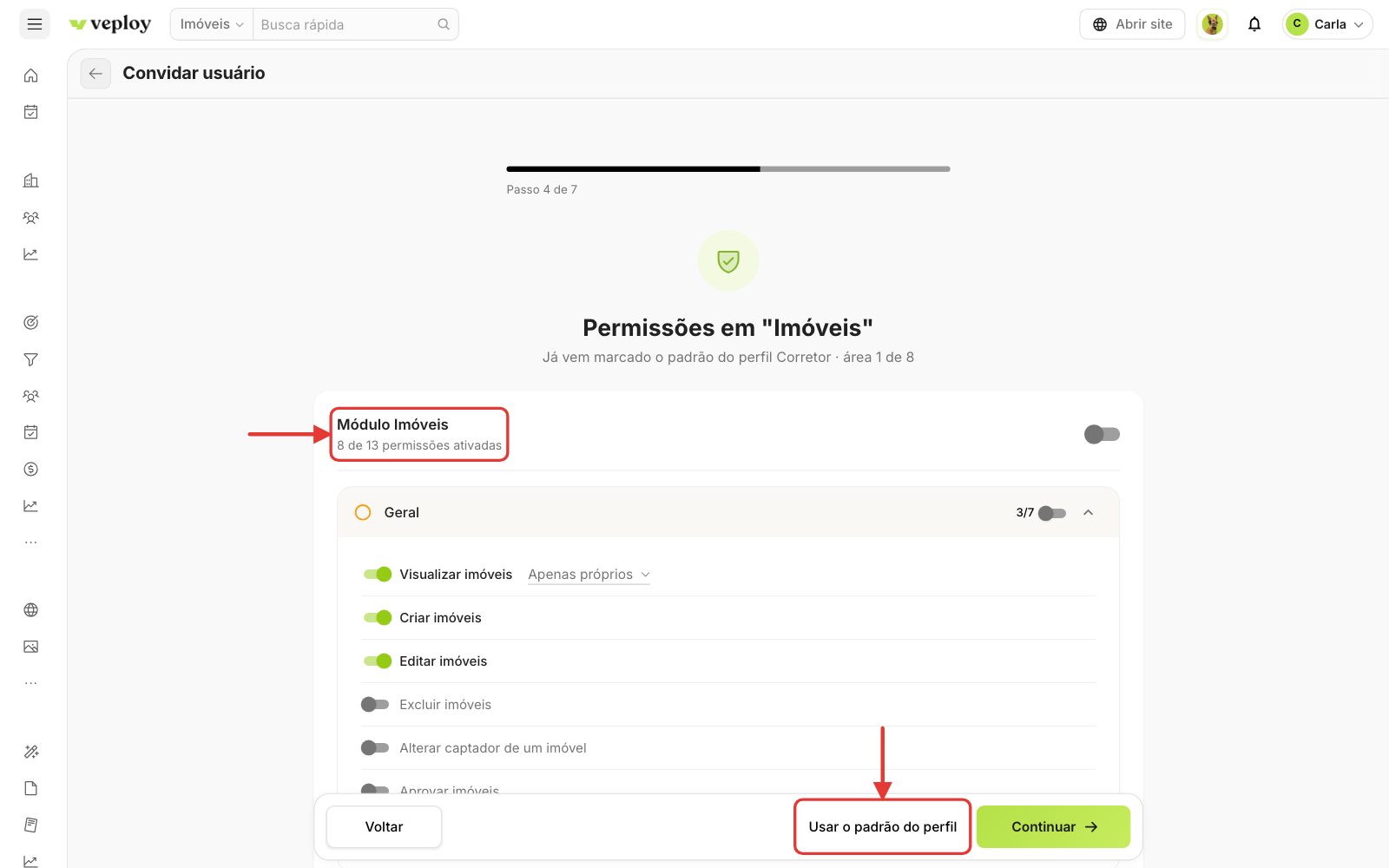 Passo 4: permissões por área