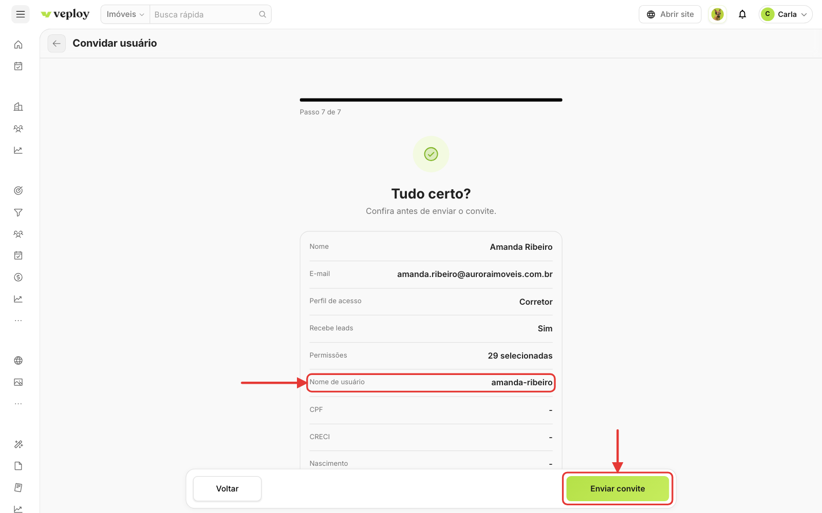 Passo 7: revisão do convite