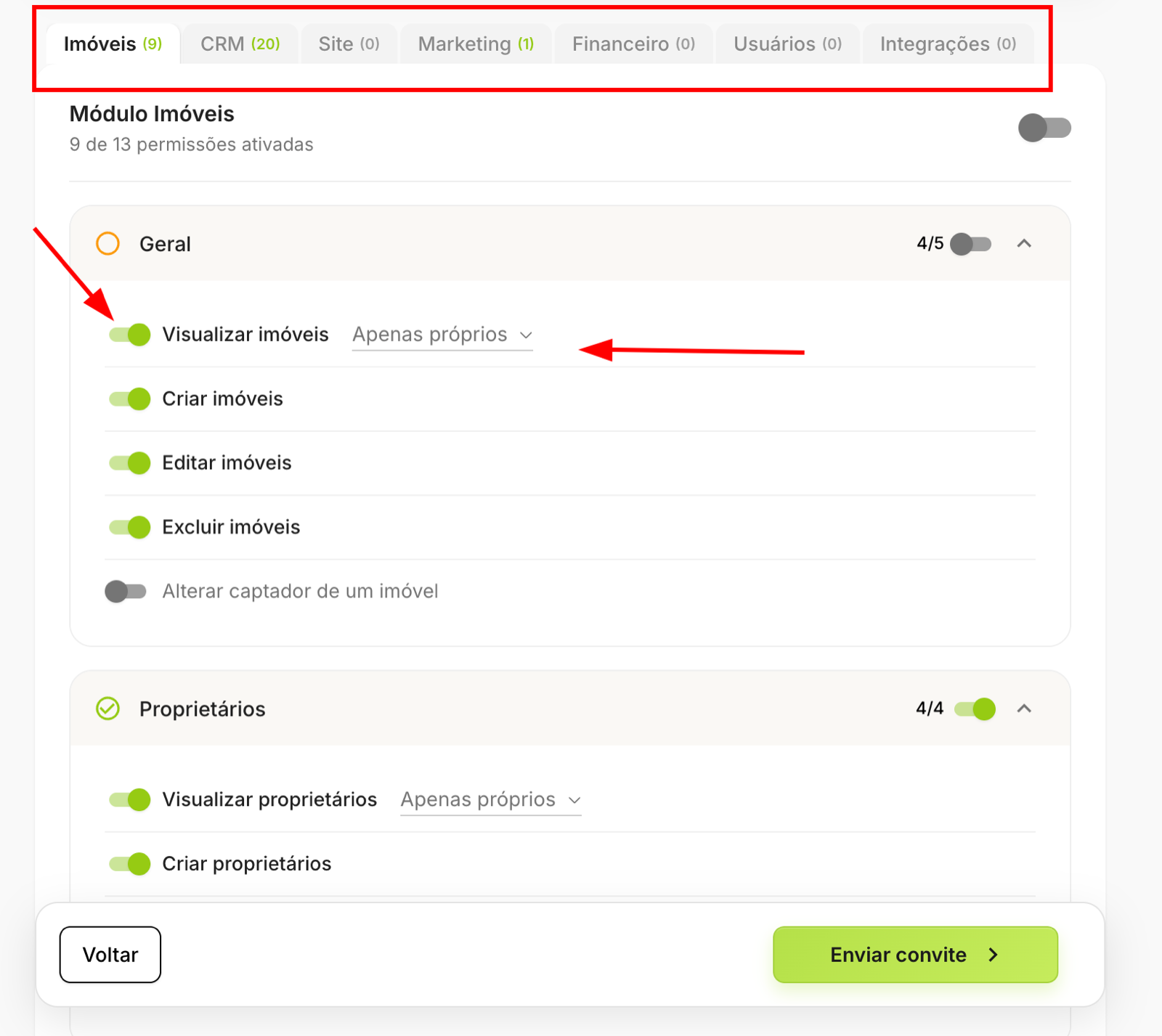Tela de permissões com destaque nas abas dos diferentes módulos