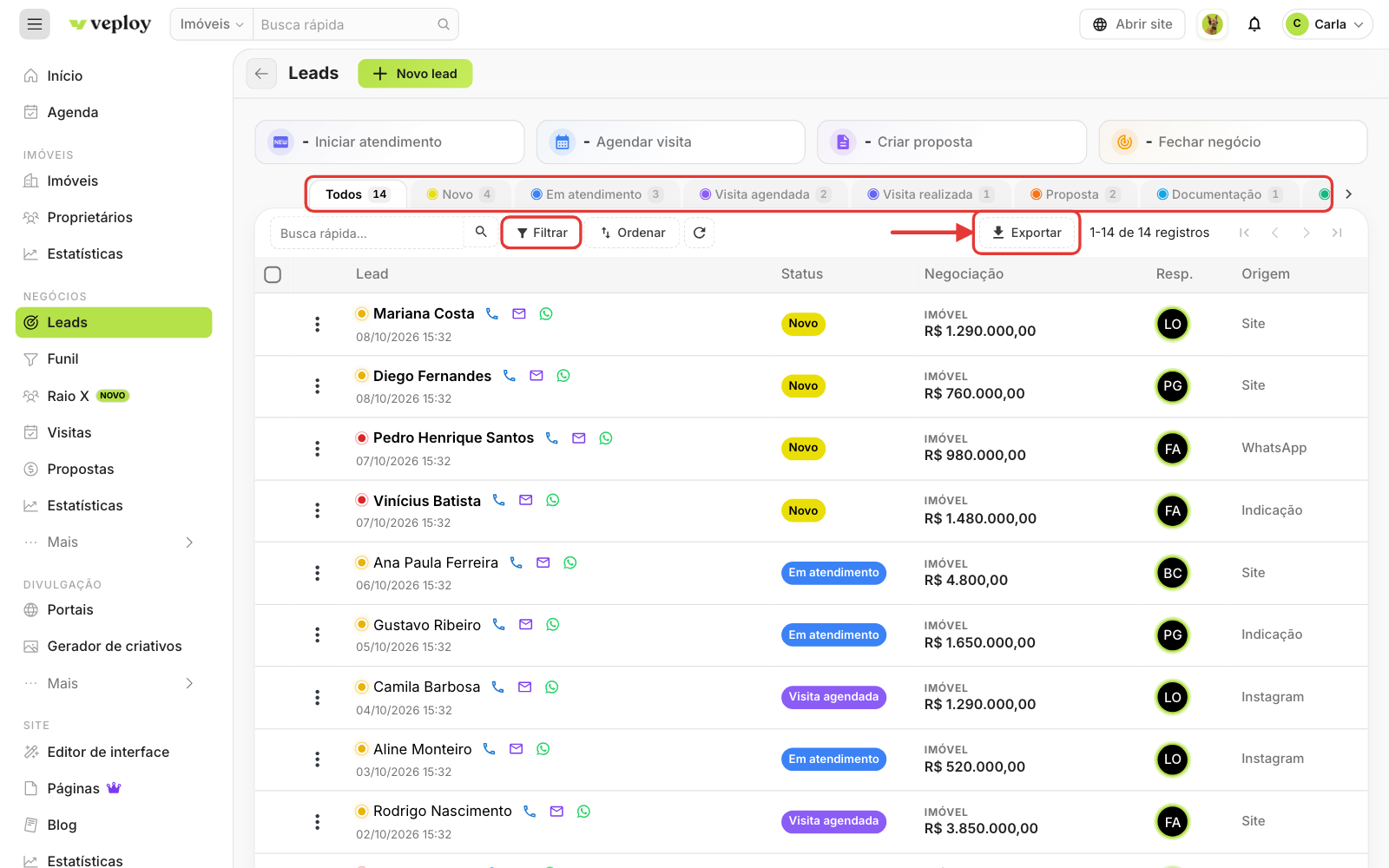 Lista de leads com as abas por etapa e o botão Exportar