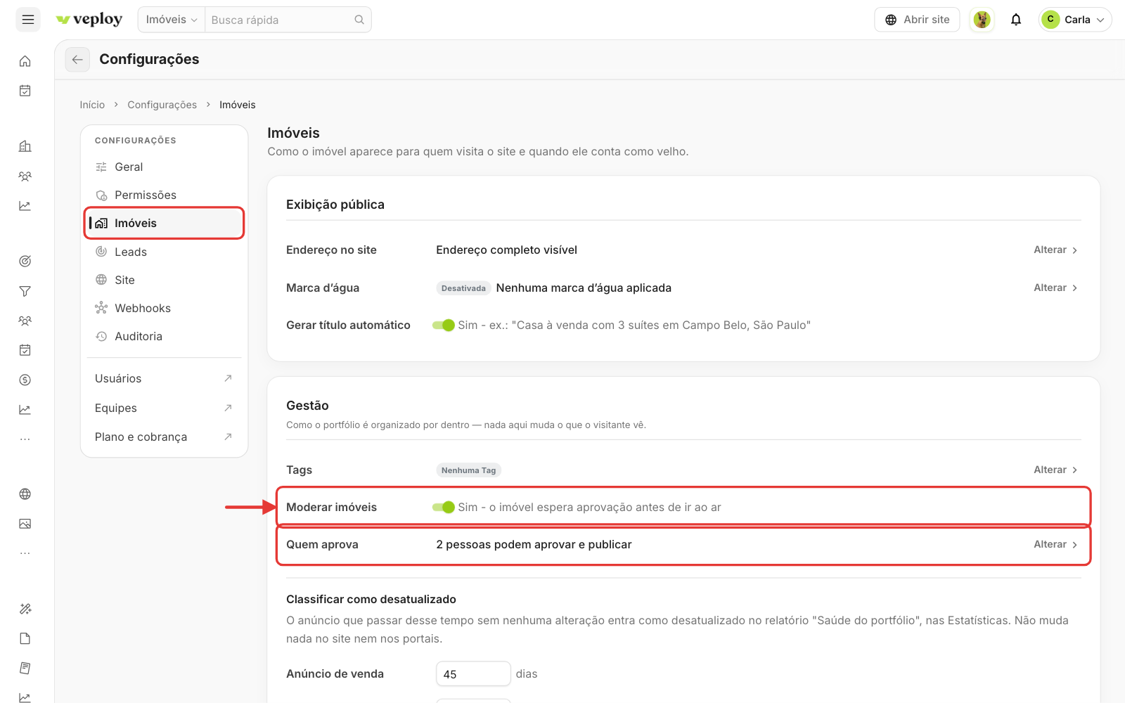Configurações de Imóveis com a opção Moderar imóveis ligada