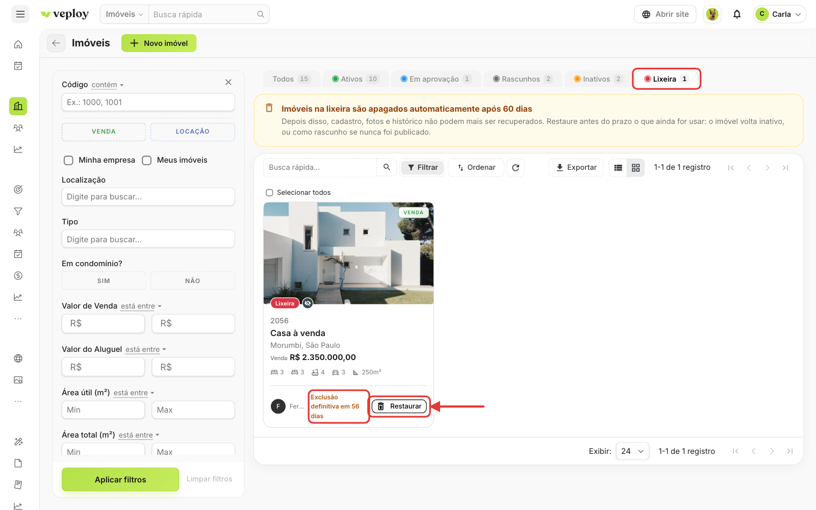 Aba Lixeira com o aviso de 60 dias e o botão Restaurar