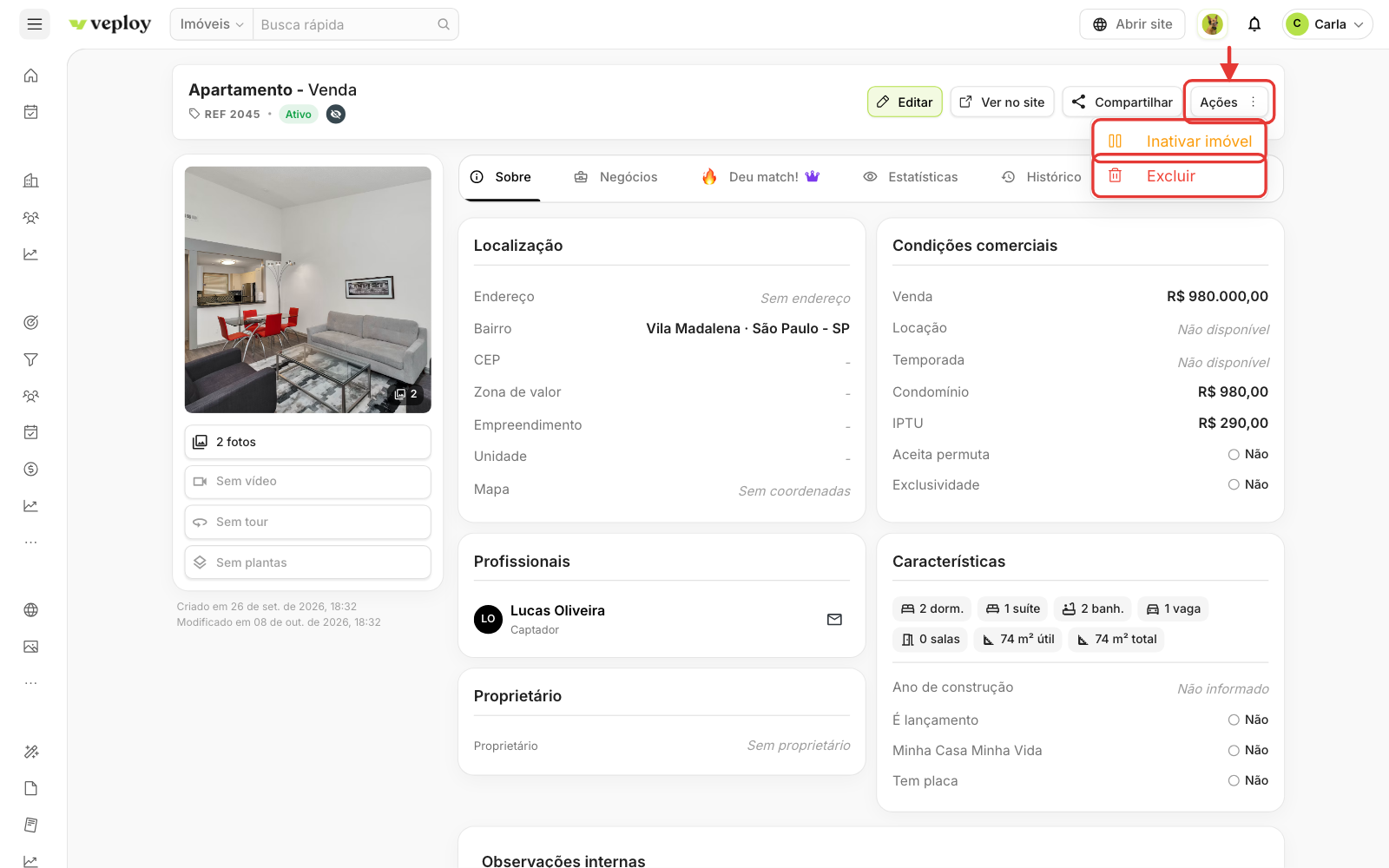 Menu Ações com as opções Inativar imóvel e Excluir