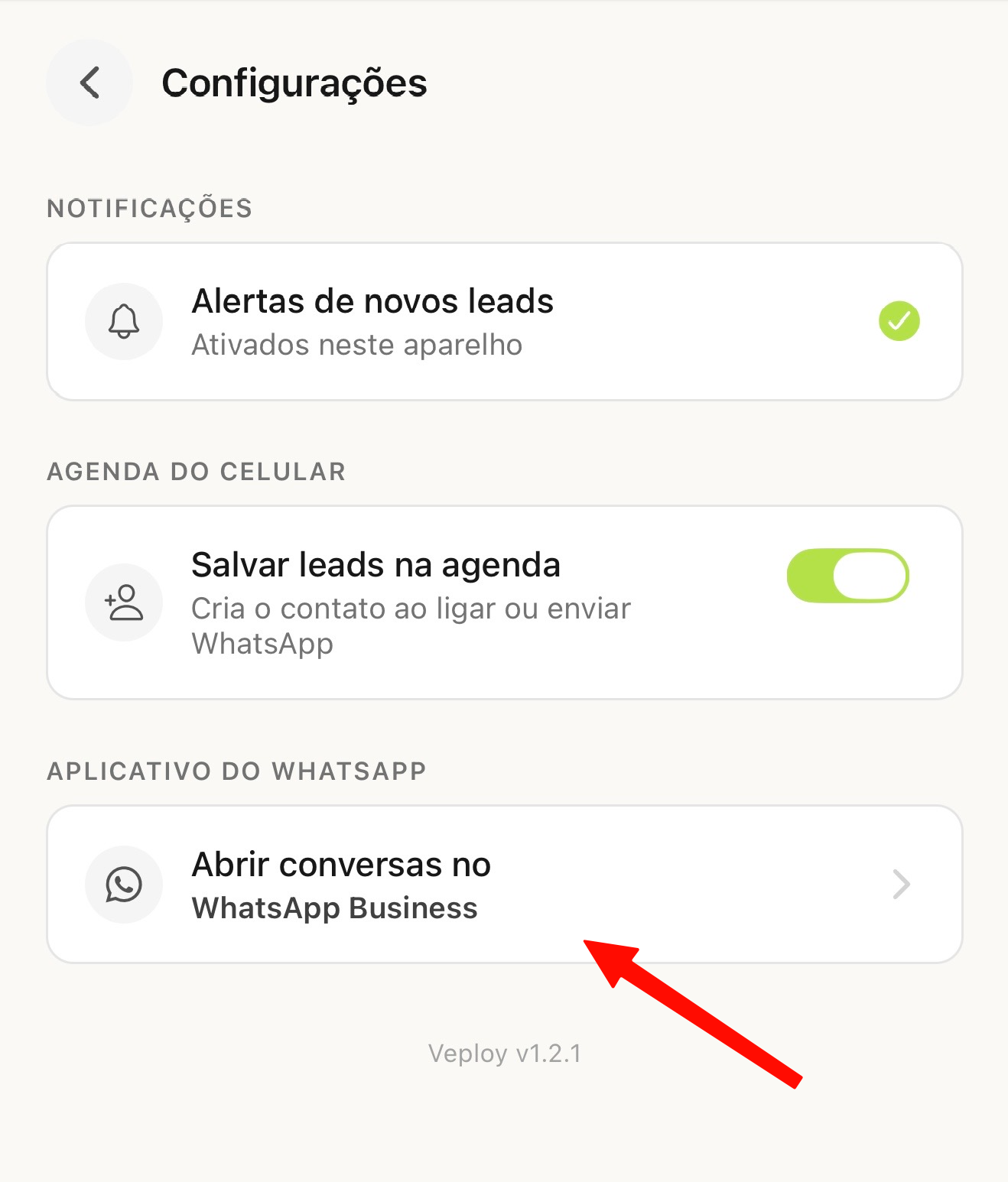 Escolha onde abrir as conversas do WhatsApp: opção Abrir conversas