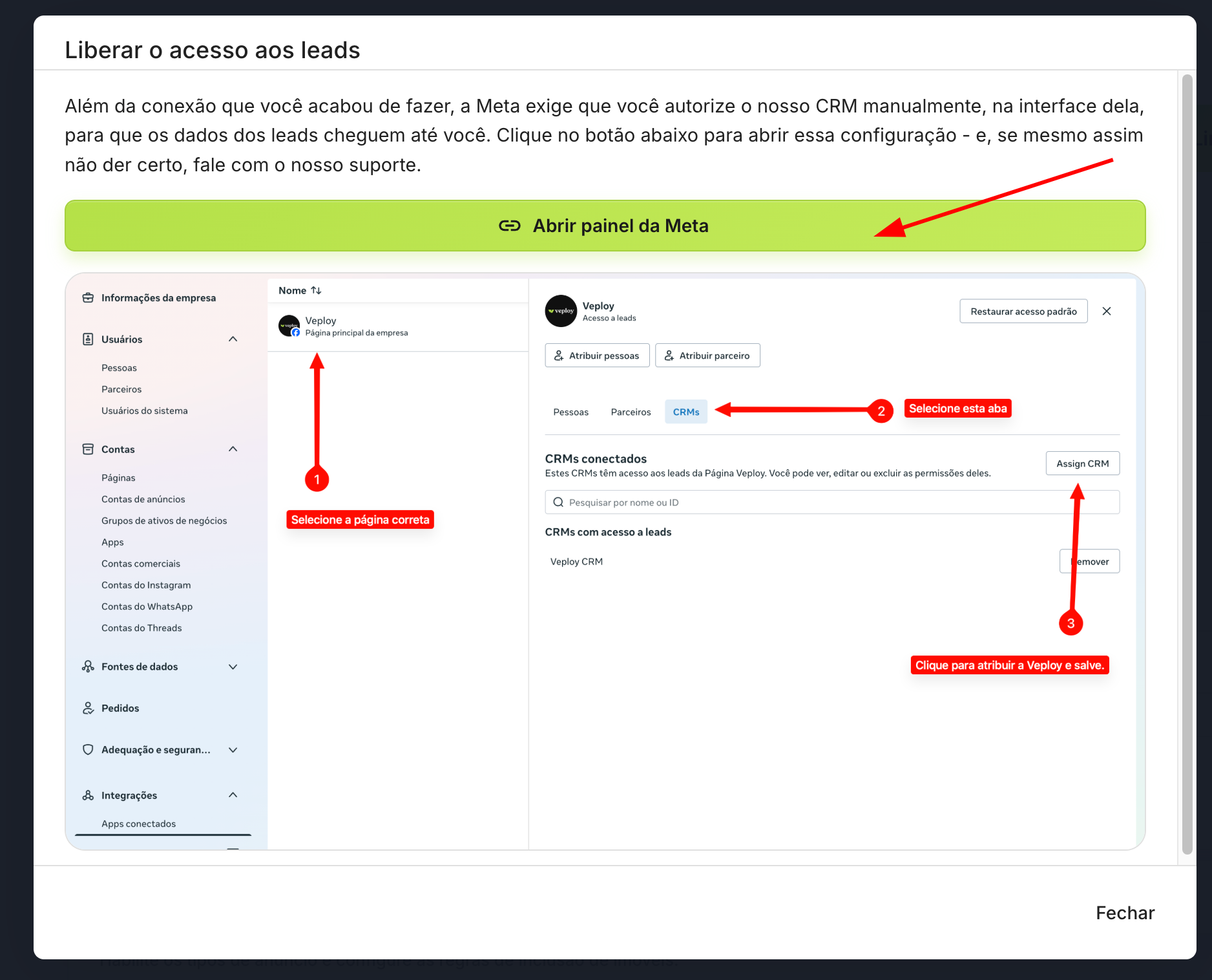 Modal "Liberar o acesso aos leads" com o botão "Abrir painel da Meta" e as instruções numeradas (1, 2, 3) em destaque