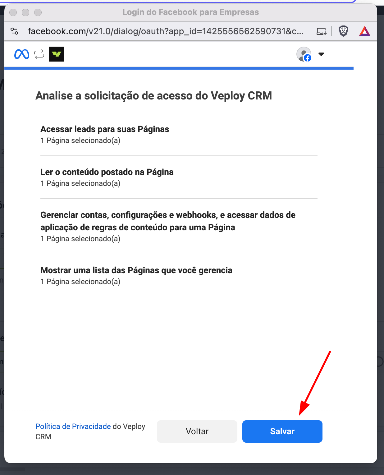 Tela "Analise a solicitação de acesso do Veploy CRM" com o botão "Salvar" em destaque