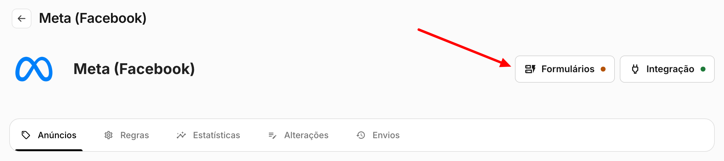 Topo da tela do portal com o botão "Formulários" ao lado de "Integração"