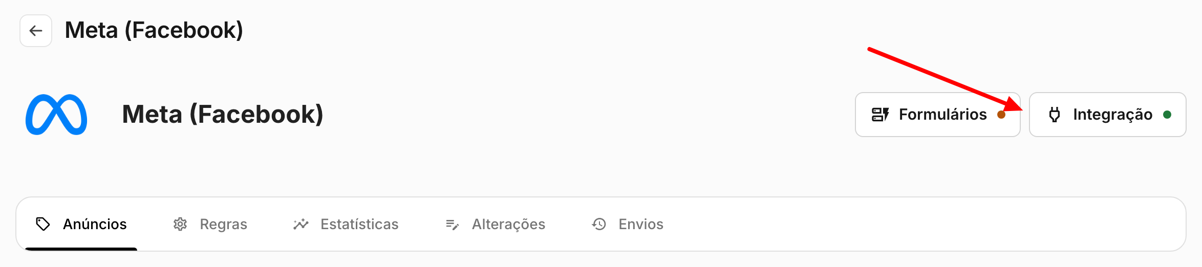 Topo da tela do portal Meta com o botão "Integração" em destaque
