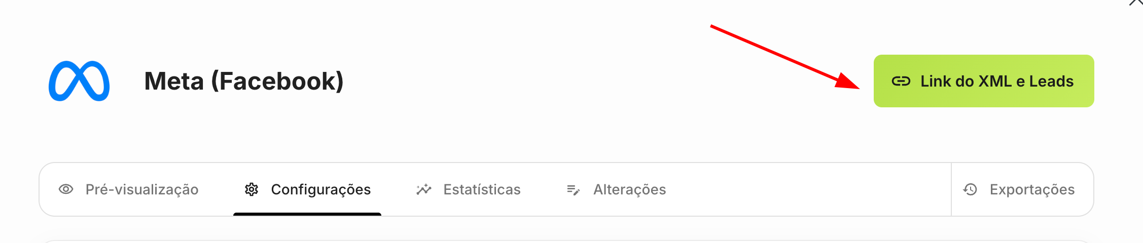 Topo do modal do Meta com o botão "Link do XML e Leads" em destaque