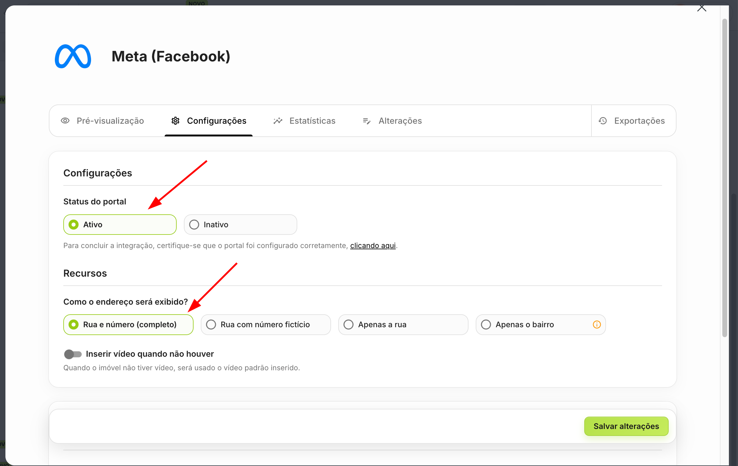 Modal de configurações do Meta com "Status do portal" e "Como o endereço será exibido" em destaque