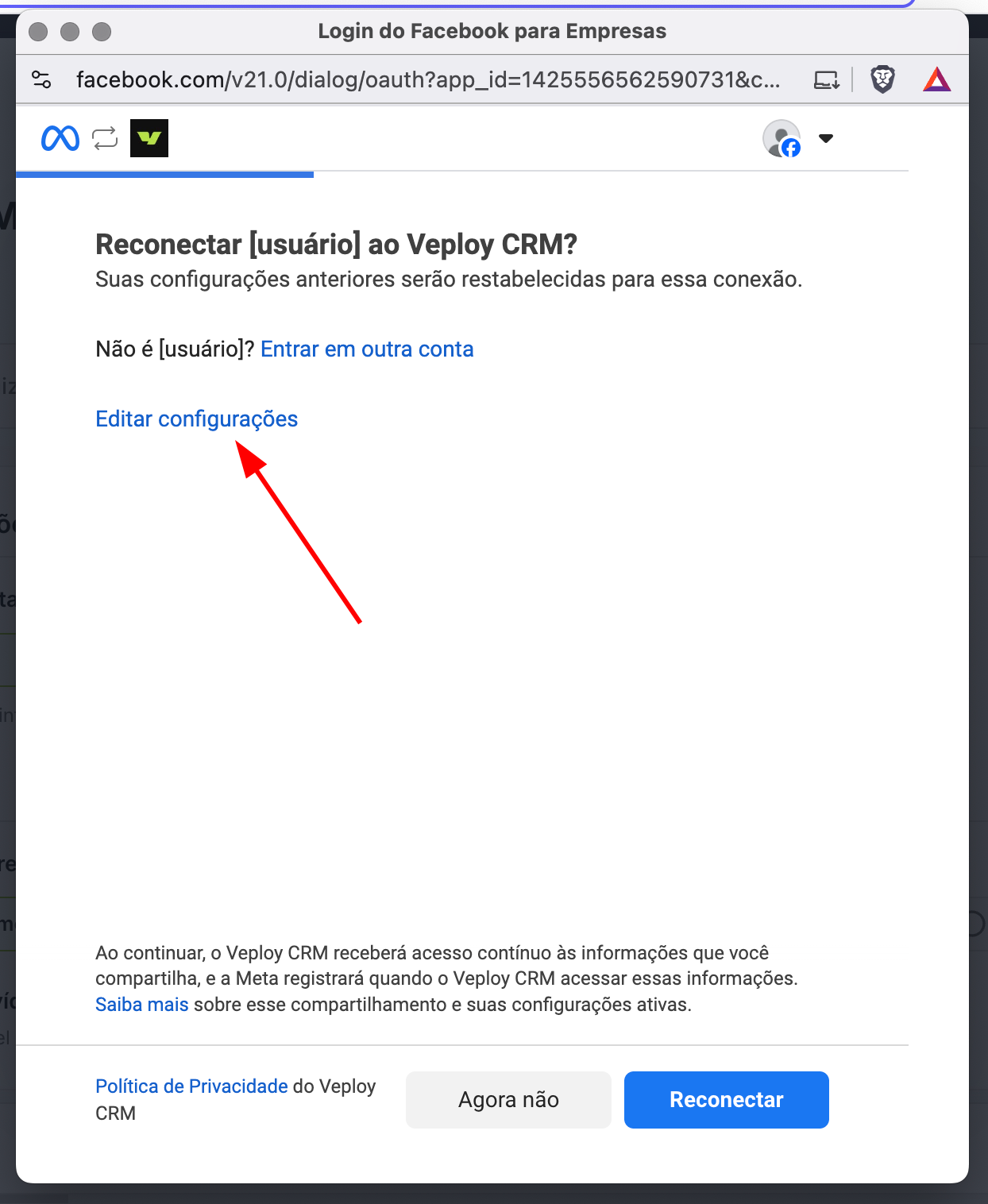 Tela de reconexão ao Veploy CRM com o link "Editar configurações" em destaque