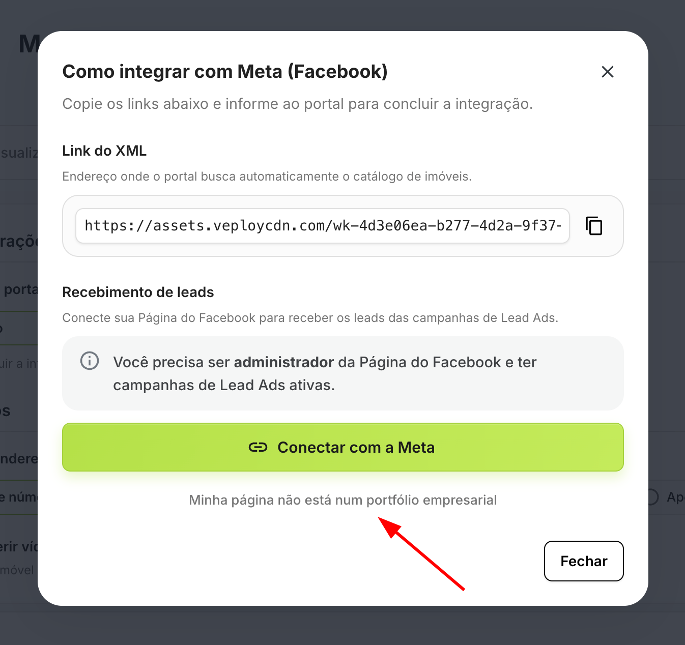 Modal "Como integrar com Meta" com o link "Minha página não está num portfólio empresarial" em destaque