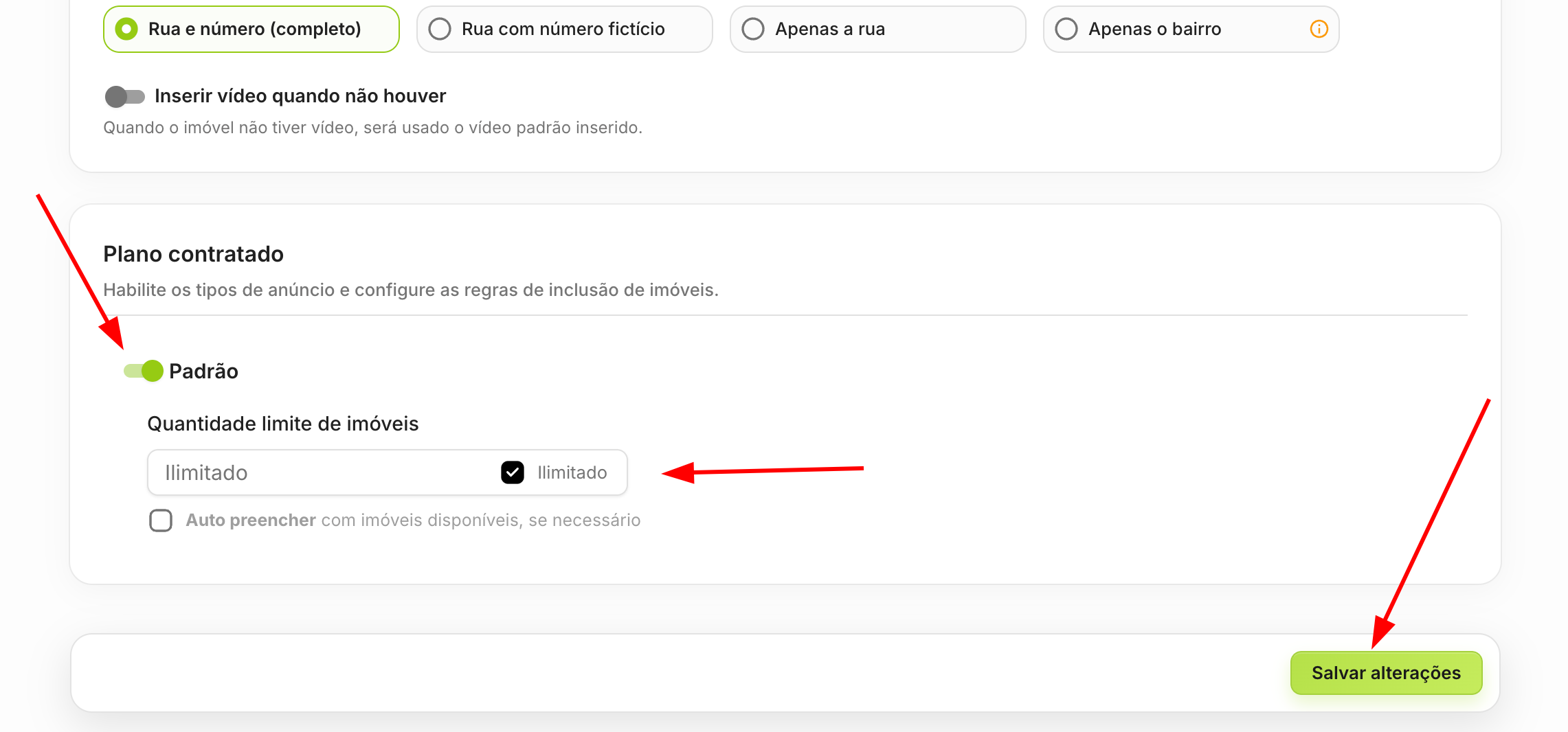Configuração do plano contratado com quantidade ilimitada de imóveis e botão de salvar