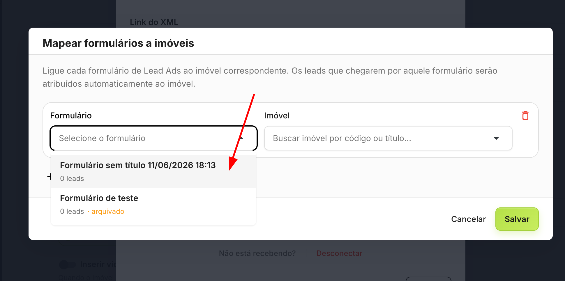 Modal "Mapear formulários a imóveis" com o dropdown de seleção de formulários aberto