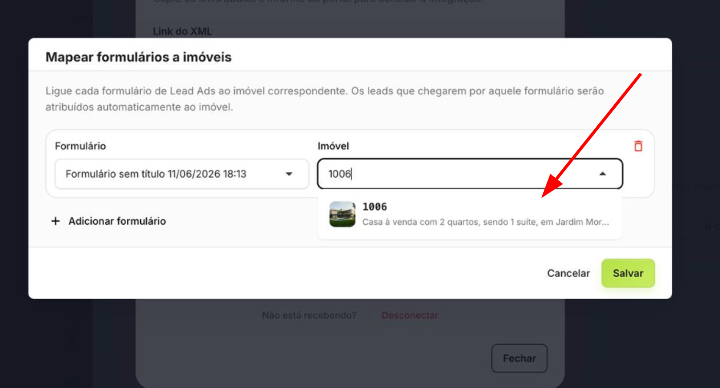Modal "Mapear formulários a imóveis" com formulário selecionado e imóvel sendo buscado via código, mostrando o autocomplete de sugestões