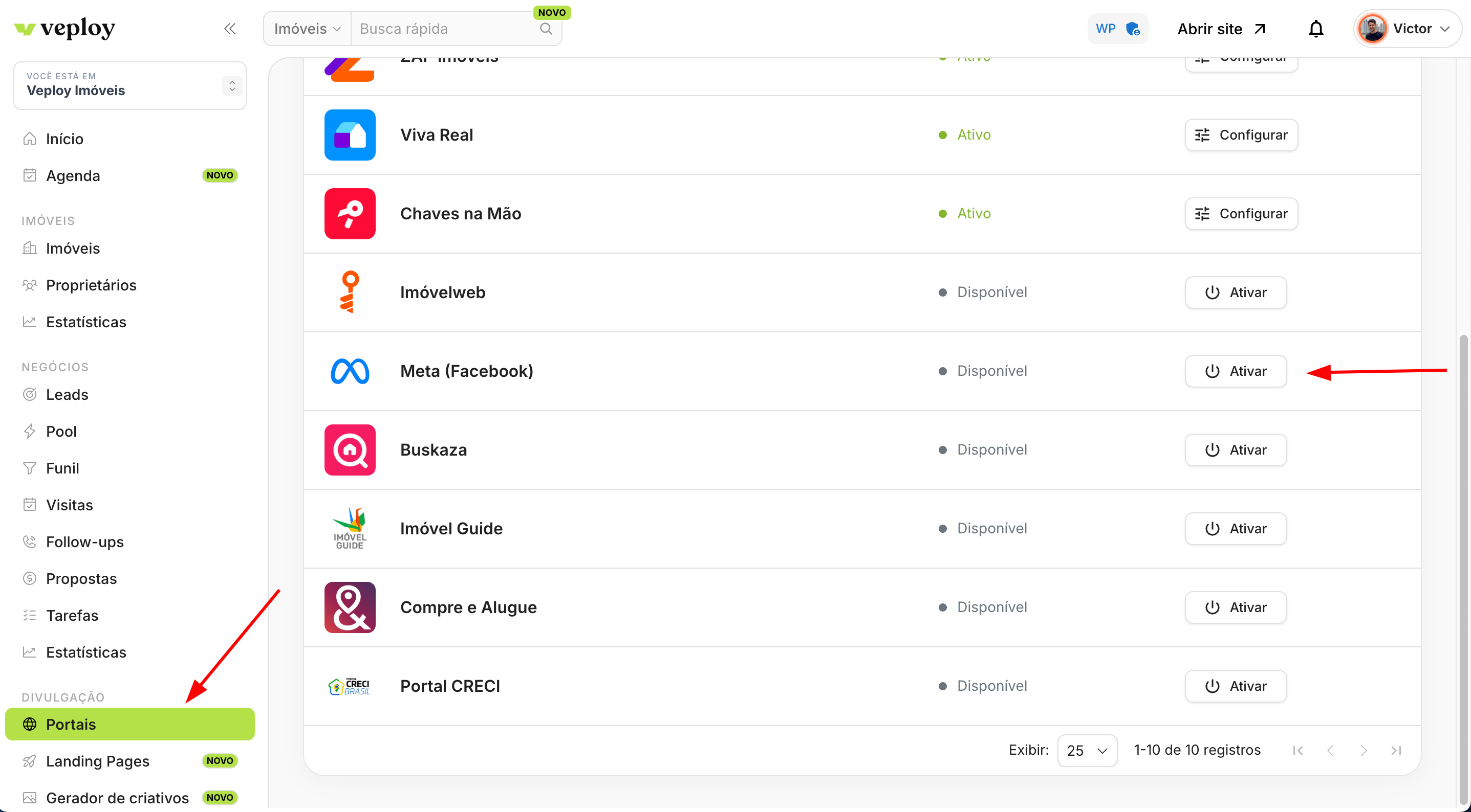 Menu lateral com "Portais" em destaque e lista de portais disponíveis