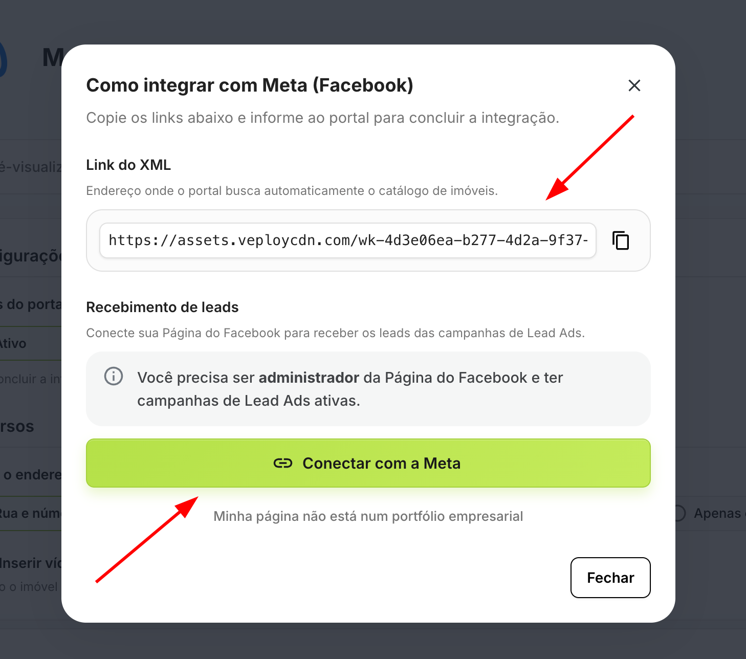 Modal "Como integrar com Meta (Facebook)" mostrando as duas seções