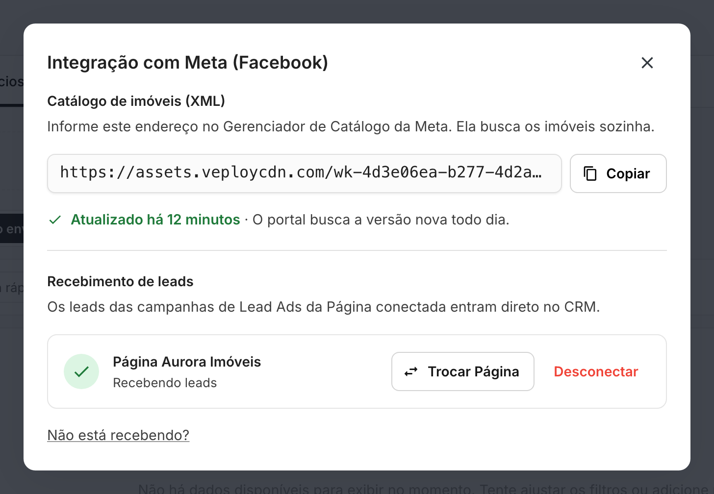 Modal "Integração com Meta (Facebook)" mostrando as duas seções