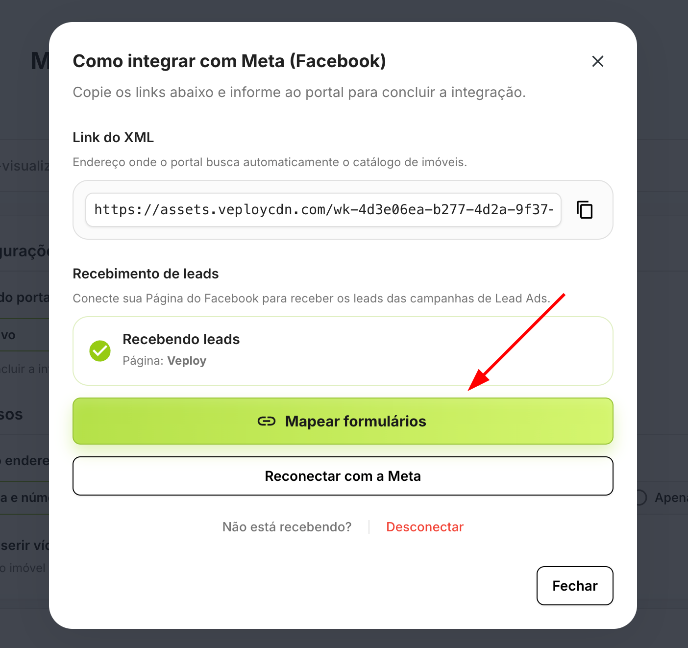 Modal de integração com o status "Recebendo leads" e o botão "Mapear formulários" em destaque