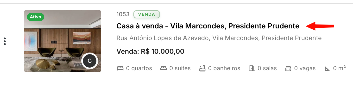 Abra a ficha do imóvel: nome do imóvel na listagem