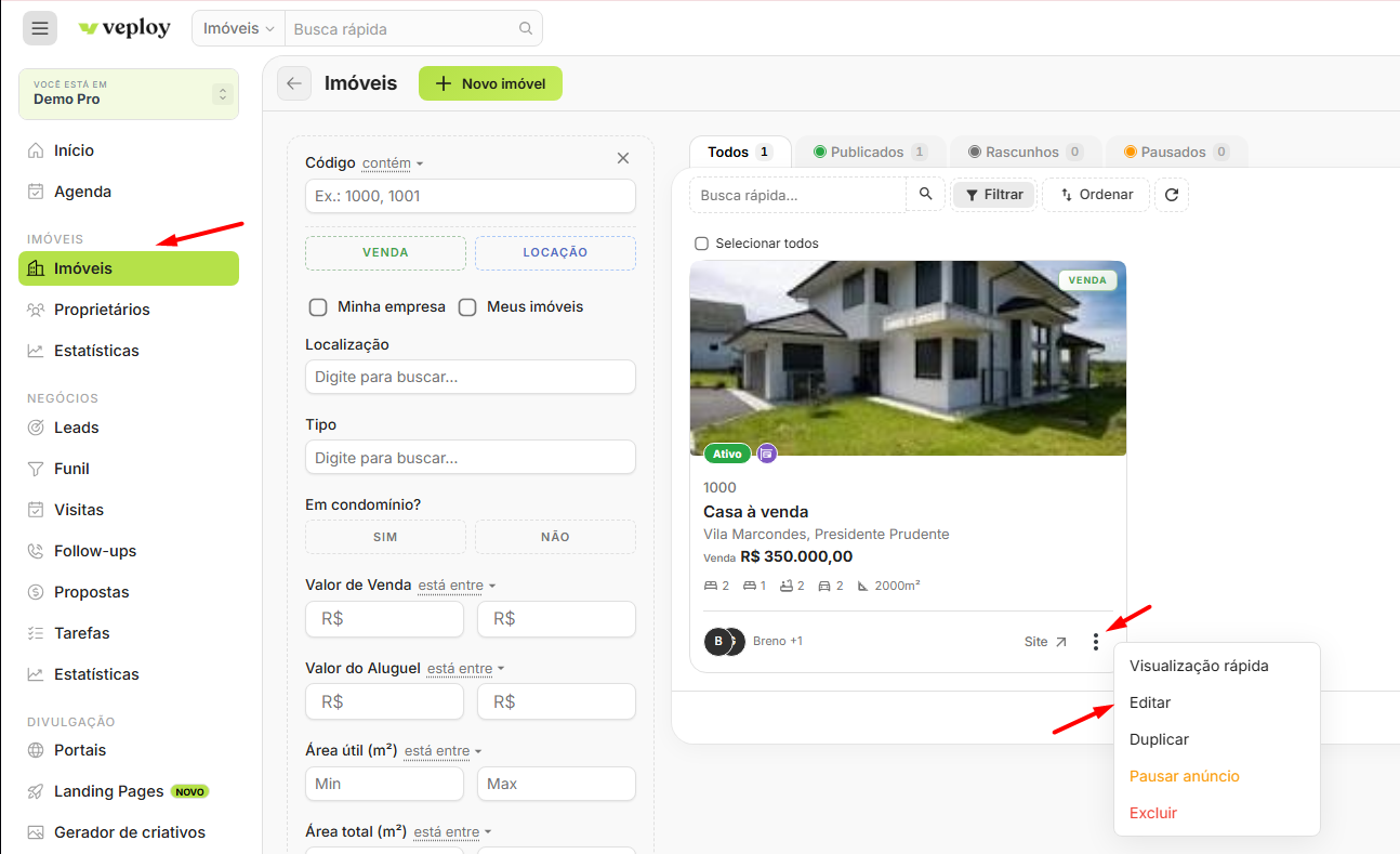 Abra a ficha do imóvel: opção Editar no card do imóvel