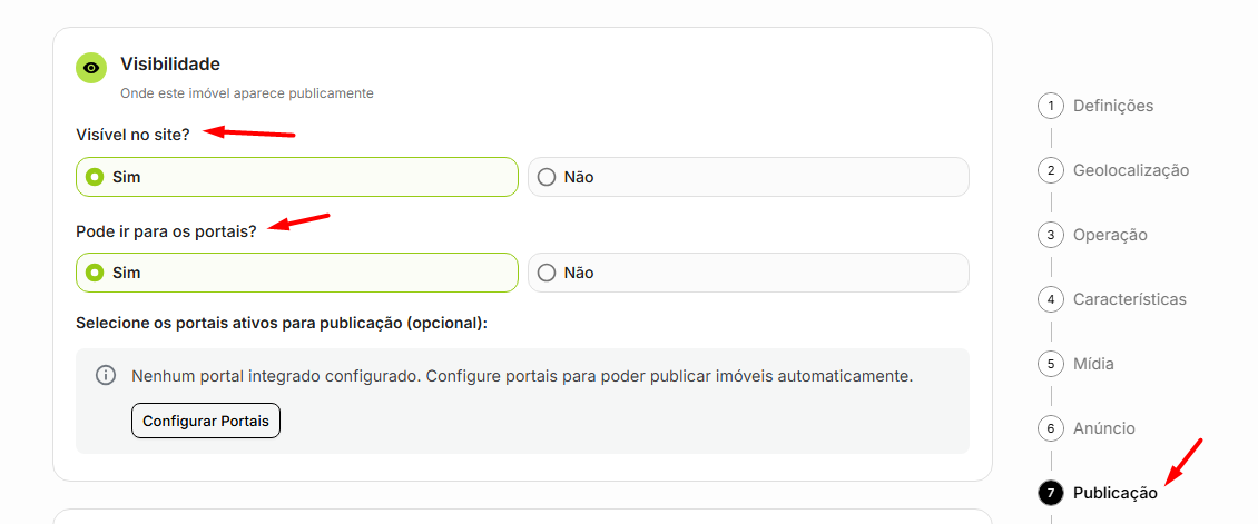 Defina a visibilidade no site