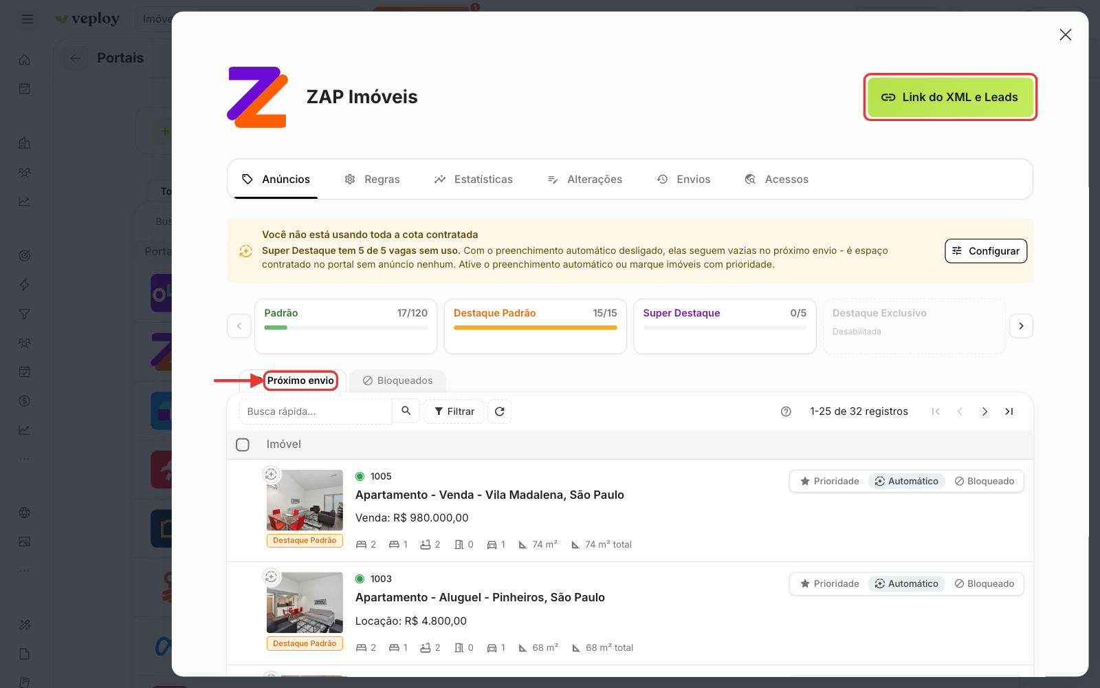 Aba Anúncios com o próximo envio