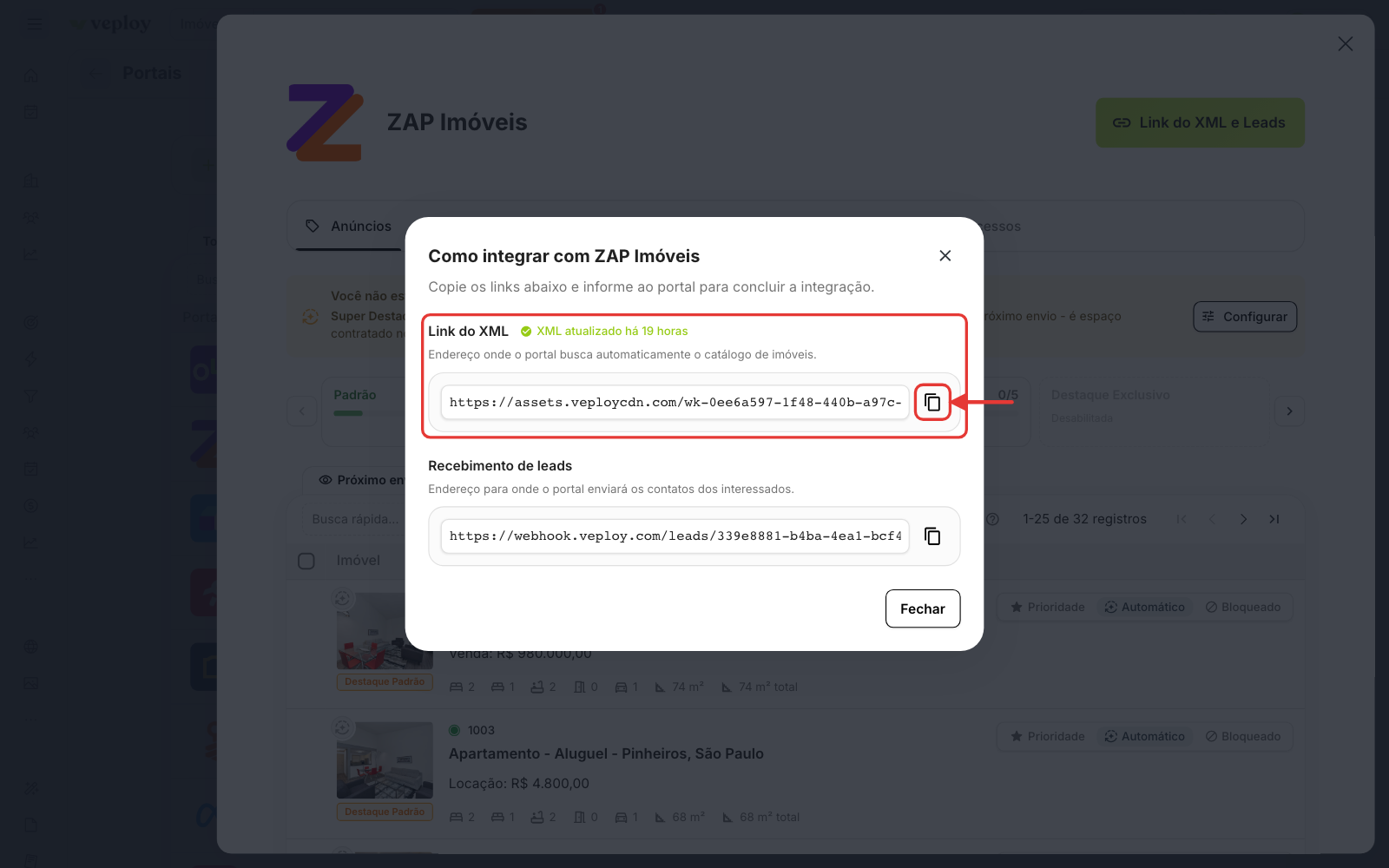 Janela com o link do XML e o endereço de recebimento de leads