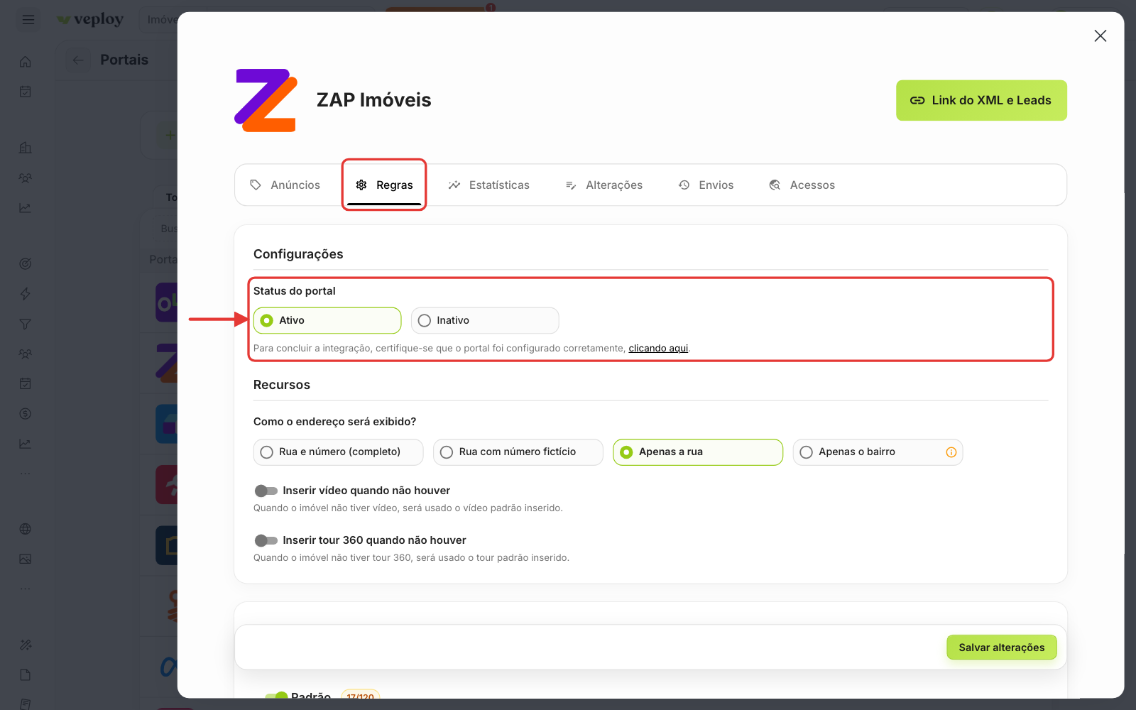 Status do portal marcado como Ativo