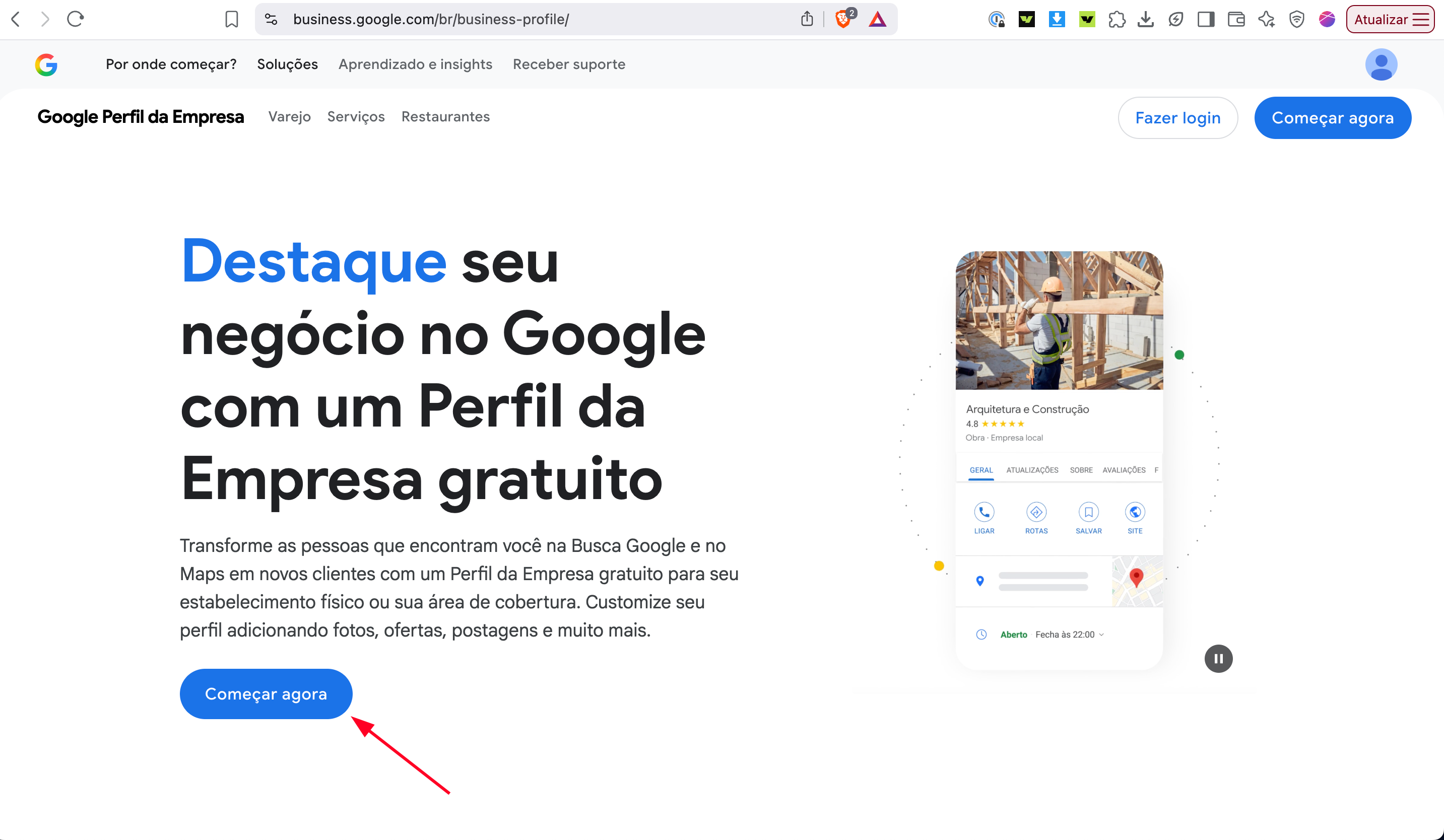 Como criar um perfil imobiliário no Google Meu Negócio, passo 1.
