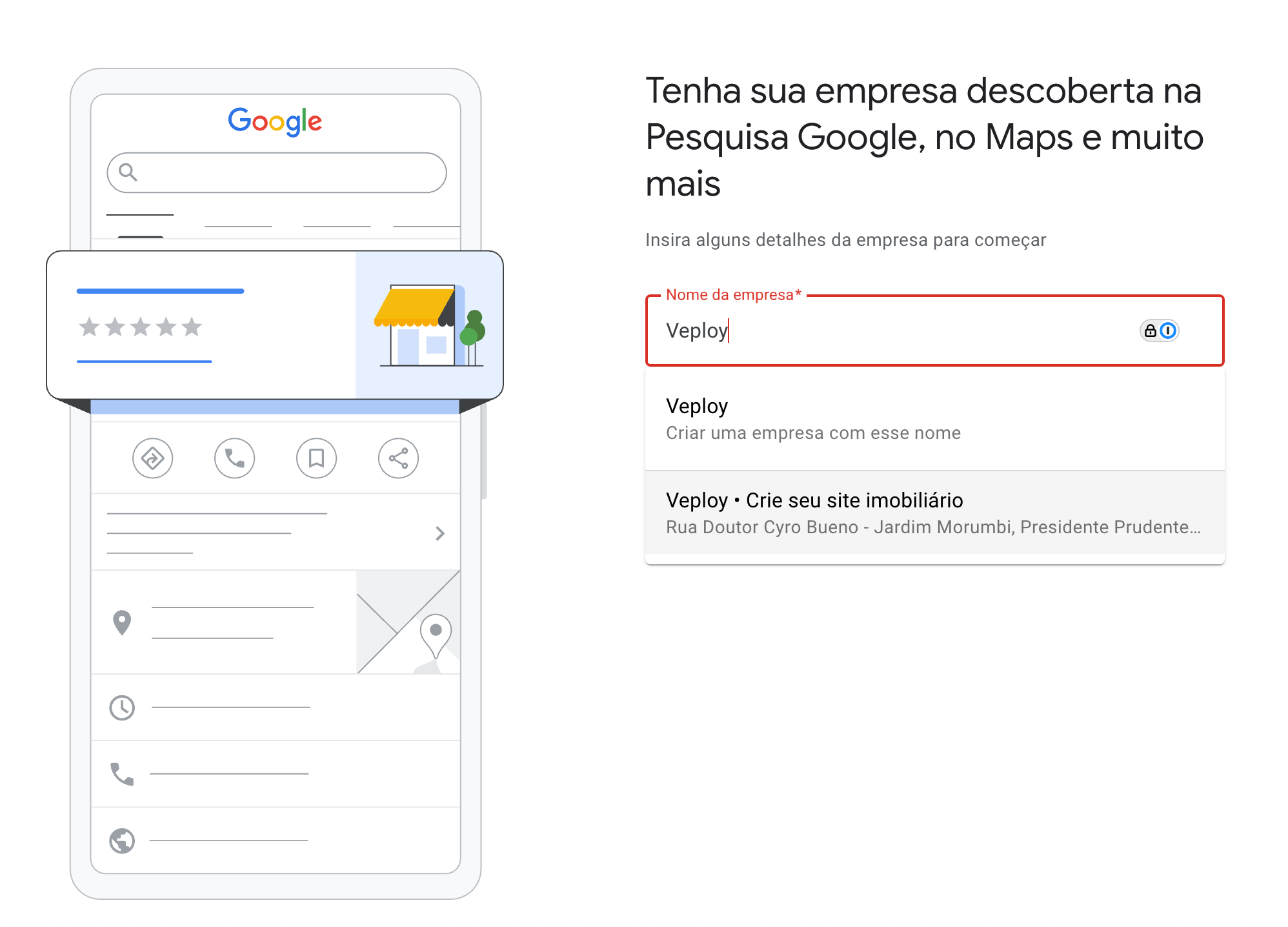 Digite o nome da sua marca para criar um perfil imobiliário no Google Meu Negócio